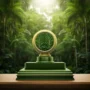 Green podium with palm leaves d render green backg