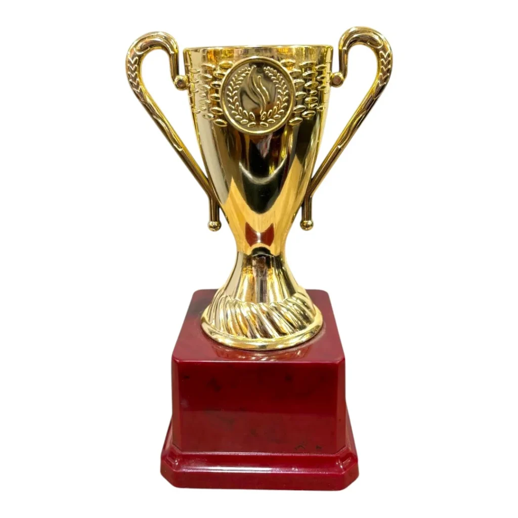 Classic Gold Fiber Trophy Cup with Twin Handle and Polished Wooden Base