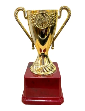 Classic Gold Fiber Trophy Cup with Twin Handle and Polished Wooden Base