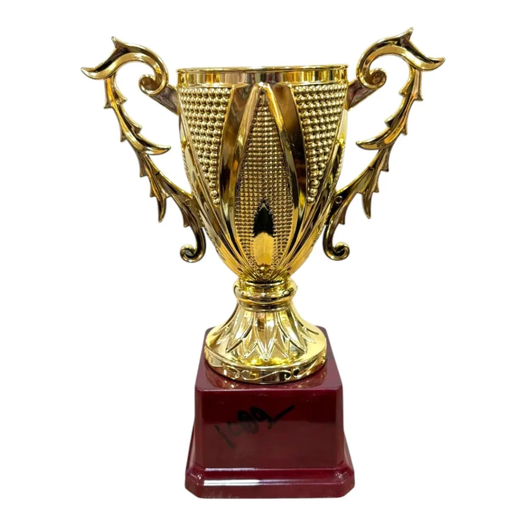 Ornate Gold Fiber Trophy Cup with Decorative Twin Handles