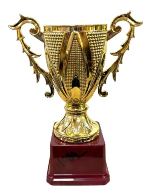 Ornate Gold Fiber Trophy Cup with Decorative Twin Handles