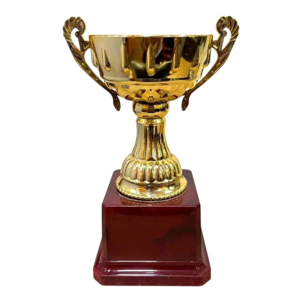 Gold Fiber Trophy Cup with Domed Lid and Wooden Base