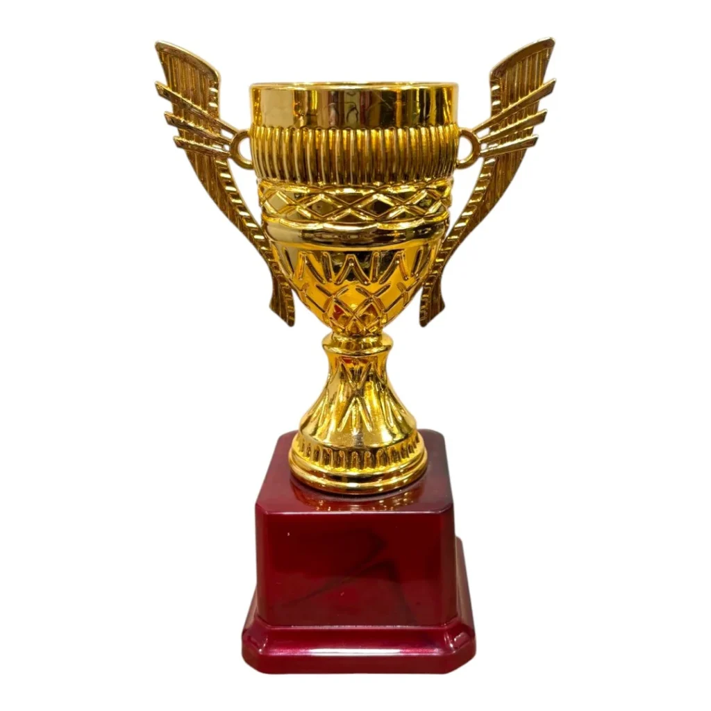 Royal Gold Fiber Trophy Cup with Decorative Wings and Wooden Base