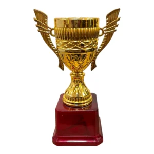 Royal Gold Fiber Trophy Cup with Decorative Wings and Wooden Base