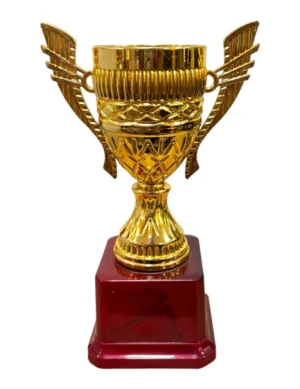 Royal Gold Fiber Trophy Cup with Decorative Wings and Wooden Base