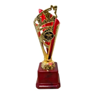 Modern Twin Cup Trophy Set in Red and Blue with Wooden Base