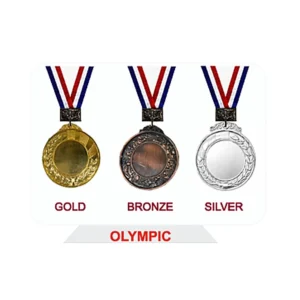 Olympic medal set featuring goldPlaques and award display, bronze, and silver medals with ribbon