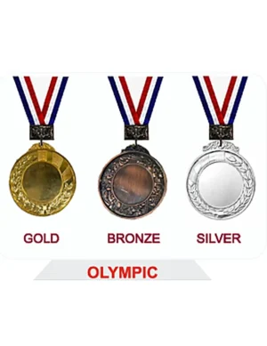 Olympic medal set featuring goldPlaques and award display, bronze, and silver medals with ribbon