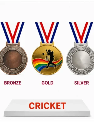 Glory medal set with green ribbon aStar shaped trophy awardnd gold, silver, bronze medals