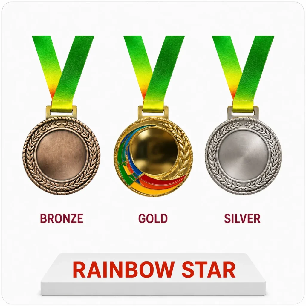 Rainbow star Cricket sport medal awardmedals featuring bronze, gold, and silver with colorful designs