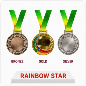 Rainbow star Cricket sport medal awardmedals featuring bronze, gold, and silver with colorful designs