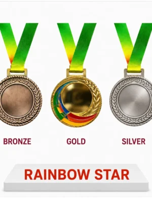 Rainbow star Cricket sport medal awardmedals featuring bronze, gold, and silver with colorful designs