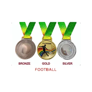 Football medaRainbow colored medal setls set with bronze, gold, and silver medals featuring sports design