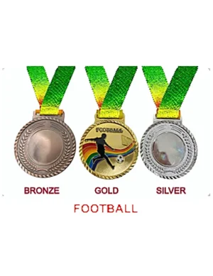 Football medaRainbow colored medal setls set with bronze, gold, and silver medals featuring sports design