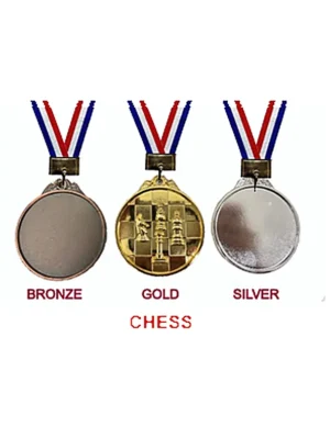 Chess medals in bronze, gold, and silver with ribbon