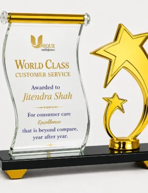 CG-497 Gold Star Swoosh Crystal Plaque