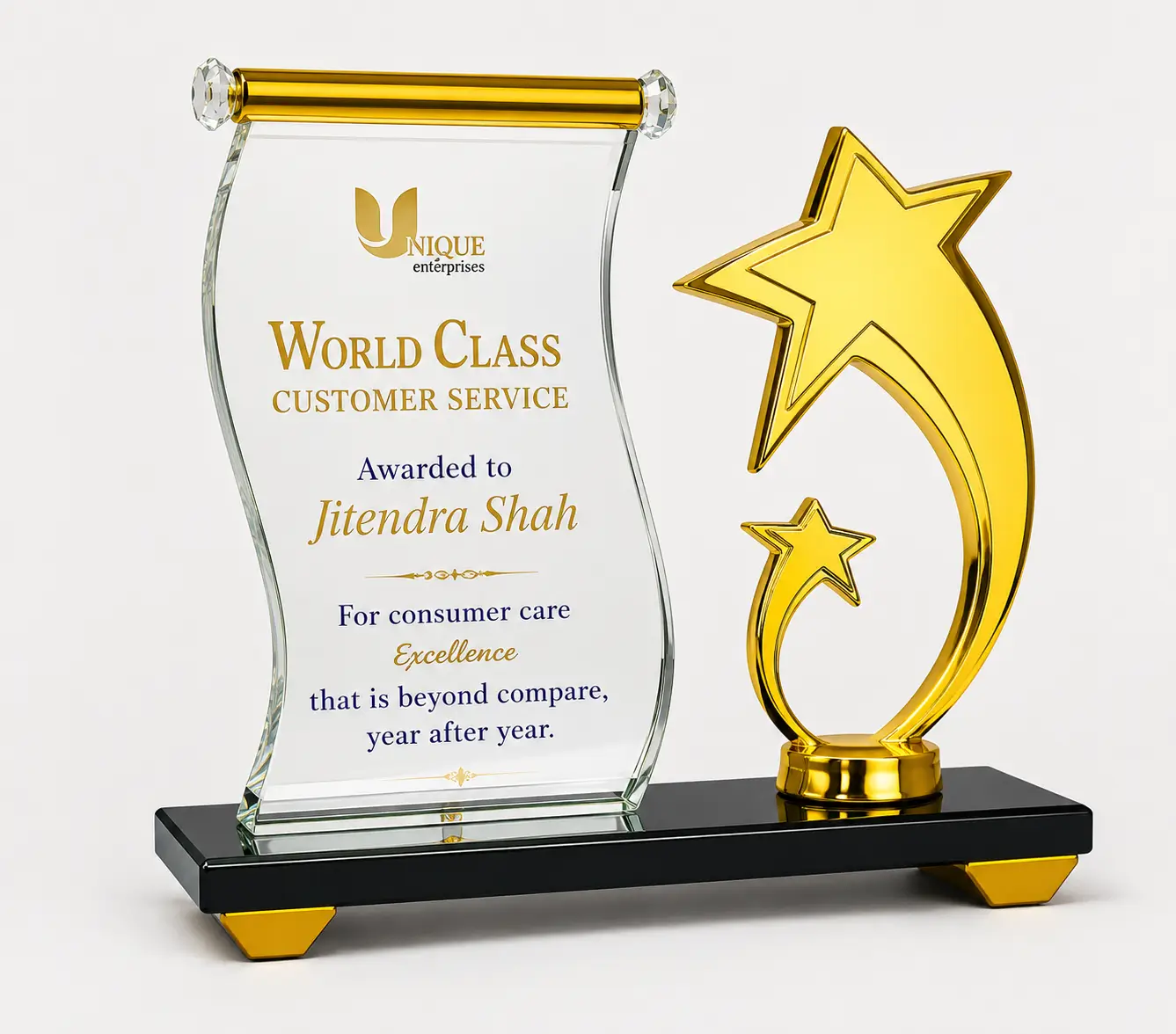 CG-497 Gold Star Swoosh Crystal Plaque