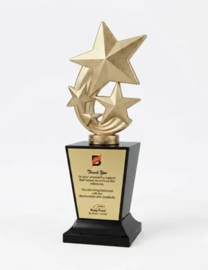 Gold triple star trophy with black base